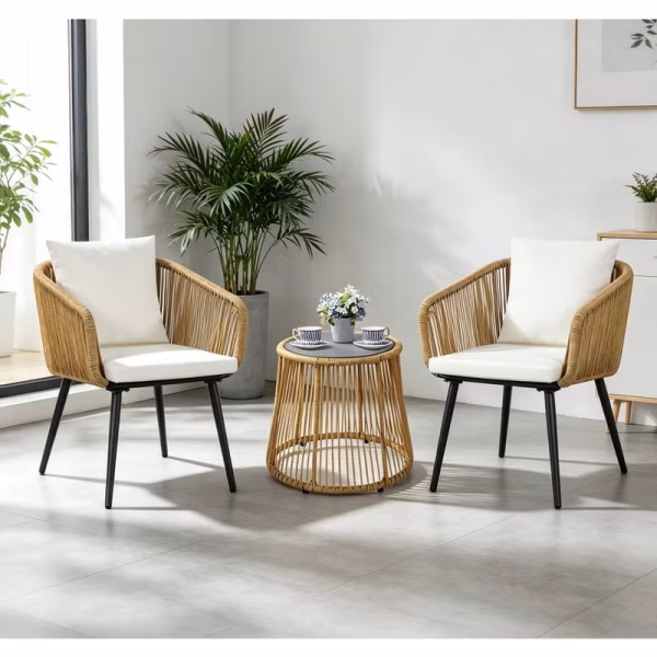 YIYAN 3-Piece Indoor-Outdoor Bistro Set with Wicker Chairs & Glass Coffee Table for Balcony,