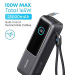 Anker 25000 mAh 25,000mAh Power Bank, 25,000mAh 165W Ultra-Fast Portable Charger for Dual Laptops, Fast Charging Battery Pack with Built-In and Retractable Cables, For iPhone 17/16 & More Series, Samsung, and More Black