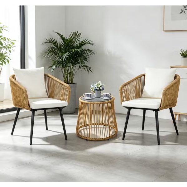 YIYAN 3-Piece Indoor-Outdoor Bistro Set with Wicker Chairs & Glass Coffee Table for Balcony,